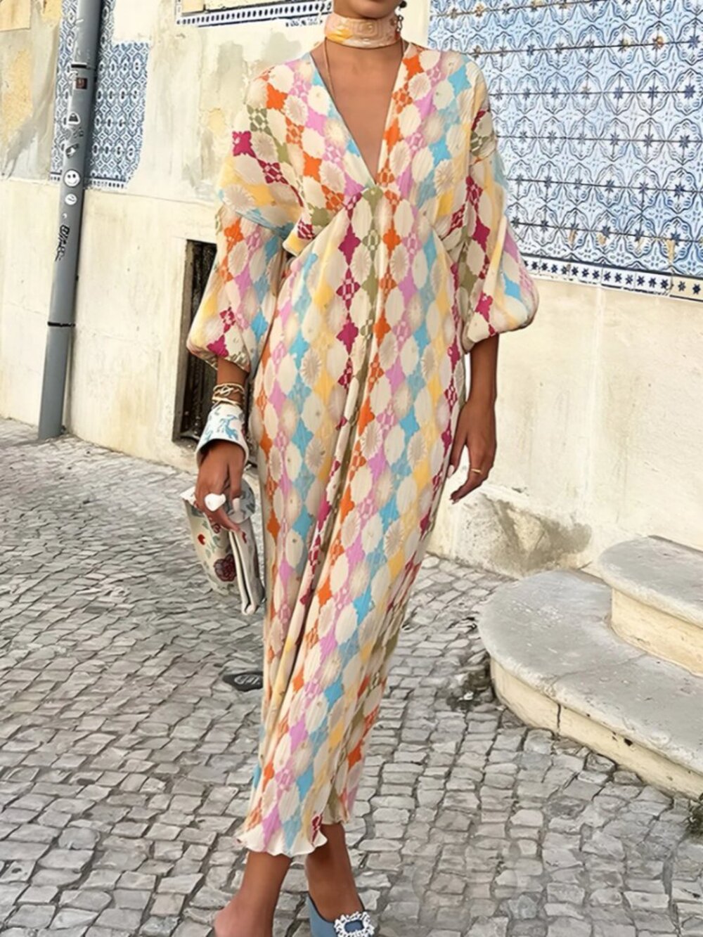 COMMENSE BOHO MAXI DRESS COLORFUL DIAMOND PRINT PARTY DRESS GLAM BOHO CHIC NWT M